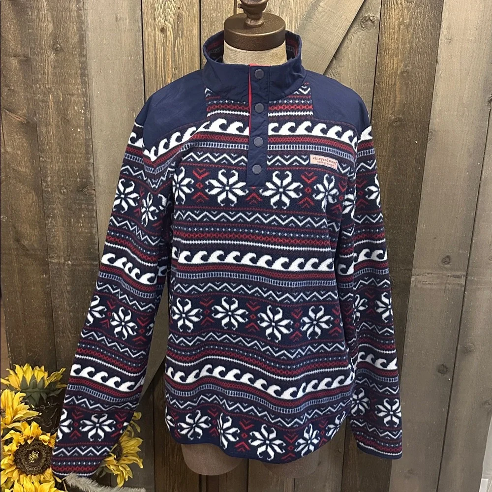 Vineyard Vines Fleece Quarter Snap Pullover Fair Isle Pattern Size M